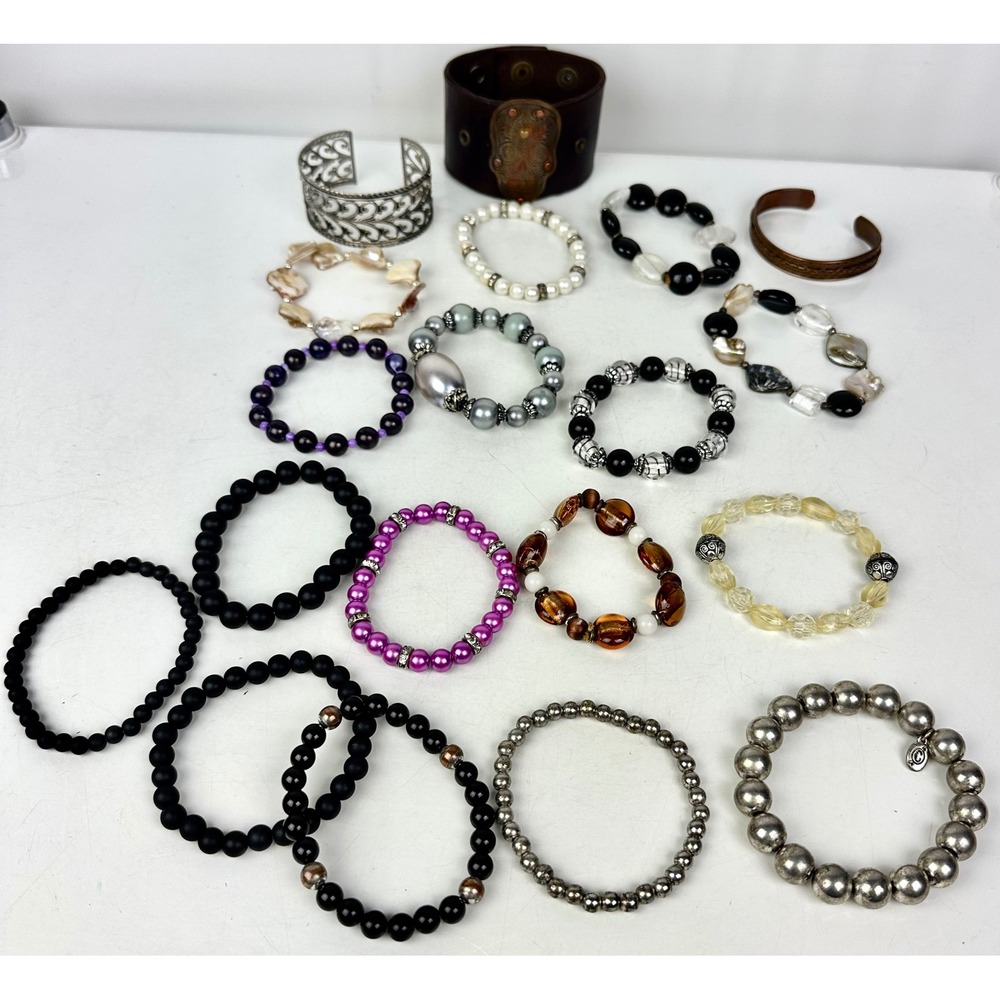 19pc Bracelet Lot Beaded Stretch Leather Sugar Skull Cuff Silver Black Purple